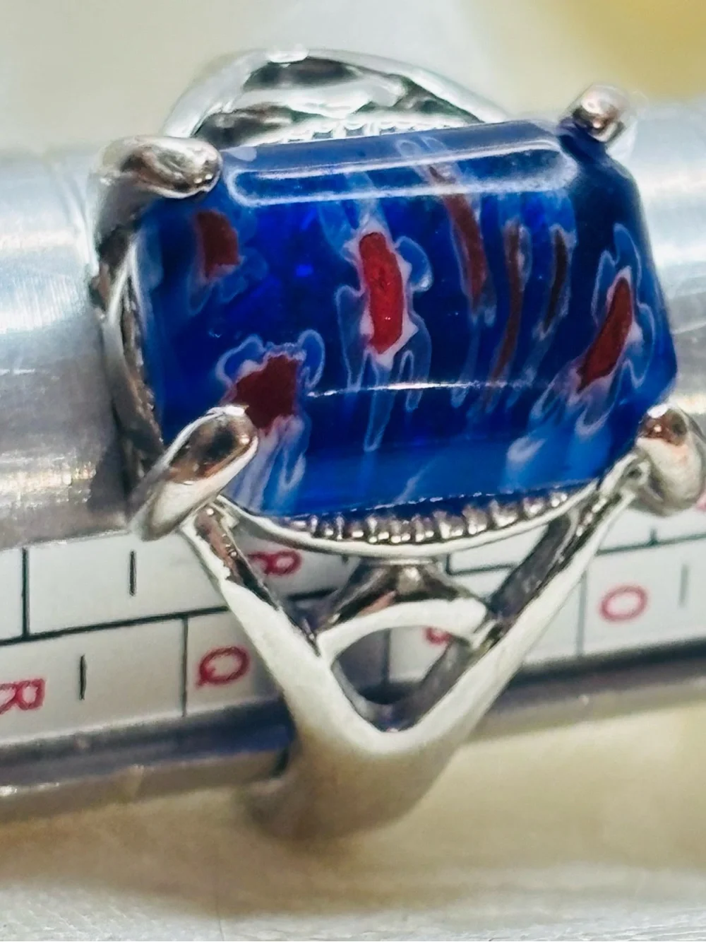 Millefiori Art Glass Blue and Red Ring Size 7.75